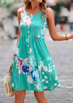 Mint Green Button Floral Print Short Sleeveless Dress -Modlily Shop 326573 P 16793916648475