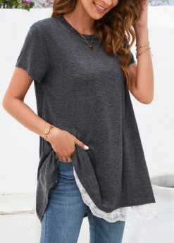 Dark Grey Lace Short Sleeve T Shirt -Modlily Shop 326577 P 16784265392094