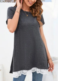 Dark Grey Lace Short Sleeve T Shirt -Modlily Shop 326577 P 16784265397533