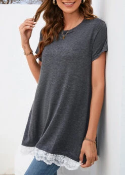 Dark Grey Lace Short Sleeve T Shirt -Modlily Shop 326577 P 16784265399432