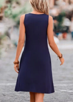 Navy Pleated H Shape Sleeveless Scoop Neck Dress -Modlily Shop 326579 P 16795364860441