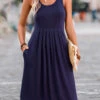 Navy Pleated H Shape Sleeveless Scoop Neck Dress -Modlily Shop 326579 P 16795364861980