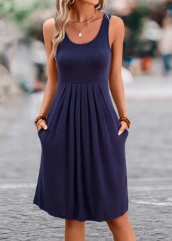 Navy Pleated H Shape Sleeveless Scoop Neck Dress -Modlily Shop 326579 P 16795364866763