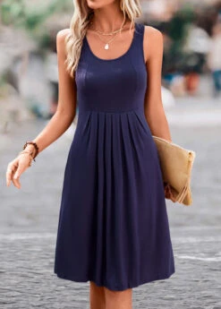 Navy Pleated H Shape Sleeveless Scoop Neck Dress -Modlily Shop 326579 P 16795364869755