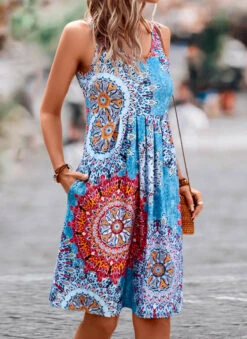 Blue Pleated Tribal Print Short H Shape Dress -Modlily Shop 326580 P 16799855351105