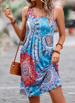Blue Pleated Tribal Print Short H Shape Dress -Modlily Shop 326580 P 16799855351753