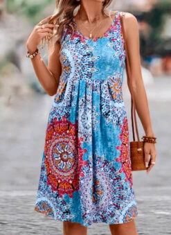 Blue Pleated Tribal Print Short H Shape Dress -Modlily Shop 326580 P 16799855354144