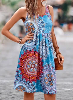 Blue Pleated Tribal Print Short H Shape Dress -Modlily Shop 326580 P 16799855359592