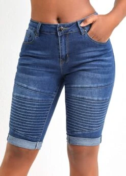Dark Blue Pocket Skinny Zipper Fly Shorts -Modlily Shop 326611 P 16774946405240