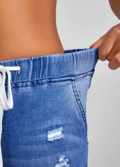 Blue Hole Skinny Elastic Waist Mid Waisted Denim Shorts -Modlily Shop 326612 P 16774946394263