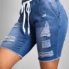 Blue Hole Skinny Elastic Waist Mid Waisted Denim Shorts