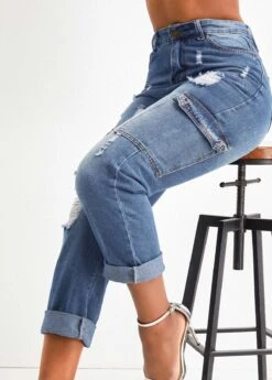 Dark Blue Hole Regular Zipper Fly Jeans -Modlily Shop 326614 P 16778125240103