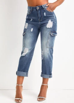 Dark Blue Hole Regular Zipper Fly Jeans -Modlily Shop 326614 P 16778125249072