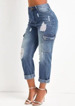 Dark Blue Hole Regular Zipper Fly Jeans