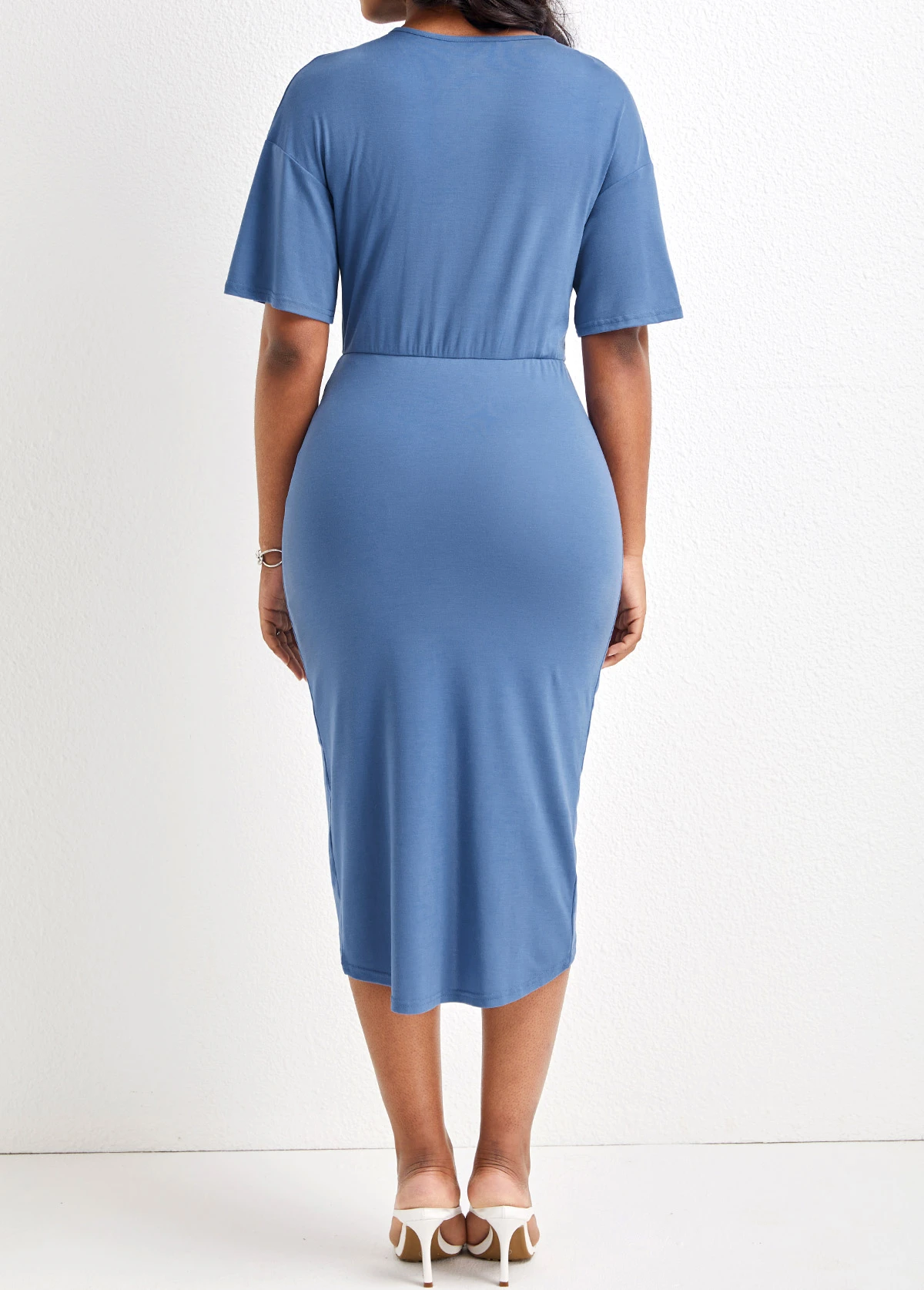 Dusty Blue Ruched High Low Bodycon Dress 4 Dusty Blue Ruched High Low Bodycon Dress - Image 2