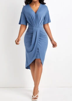 Dusty Blue Ruched High Low Bodycon Dress