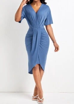 Dusty Blue Ruched High Low Bodycon Dress 10 Dusty Blue Ruched High Low Bodycon Dress -Modlily Shop 326966 P 16798858793263