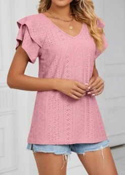 Dusty Pink Jacquard Short Sleeve T Shirt 9 Dusty Pink Jacquard Short Sleeve T Shirt -Modlily Shop 327072 P 1677035180775