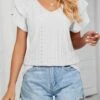 White Ruffle Short Sleeve V Neck T Shirt -Modlily Shop 327074 P 1677035193559