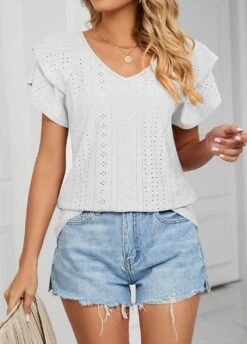 White Ruffle Short Sleeve V Neck T Shirt