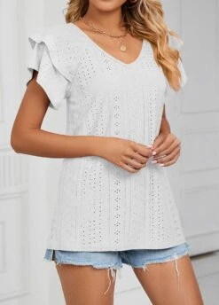 White Ruffle Short Sleeve V Neck T Shirt -Modlily Shop 327074 P 1677035194310
