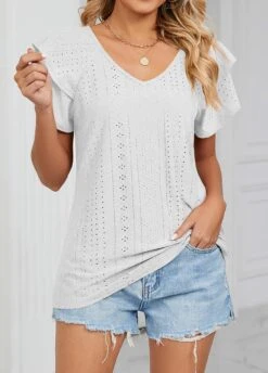 White Ruffle Short Sleeve V Neck T Shirt -Modlily Shop 327074 P 1677035194814