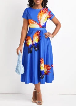 Sky Blue Pleated Butterfly Print Short Sleeve Dress -Modlily Shop 327257 P 16776669901190