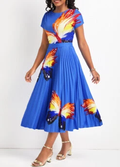 Sky Blue Pleated Butterfly Print Short Sleeve Dress -Modlily Shop 327257 P 16776669901242