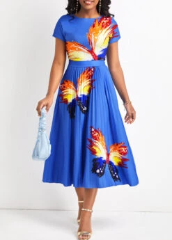 Sky Blue Pleated Butterfly Print Short Sleeve Dress