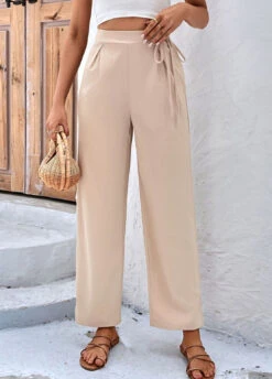 Light Coffee Bowknot Drawastring High Waisted Pants -Modlily Shop 327281 P 1677476624579