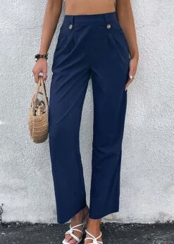 Navy Button Elastic Waist High Waisted Pants 9 Navy Button Elastic Waist High Waisted Pants -Modlily Shop 327282 P 1677476638109