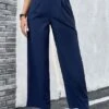 Navy Button Elastic Waist High Waisted Pants -Modlily Shop 327282 P 1677476638988