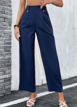 Navy Button Elastic Waist High Waisted Pants