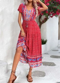 Red Button Ditsy Floral Print Short Sleeve Dress -Modlily Shop 327285 P 1677476794742