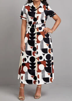 Multi Color Button Geometric Print Belted Dress -Modlily Shop 327299 P 16780643307153