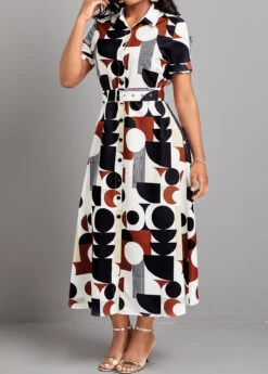 Multi Color Button Geometric Print Belted Dress -Modlily Shop 327299 P 16780643307582