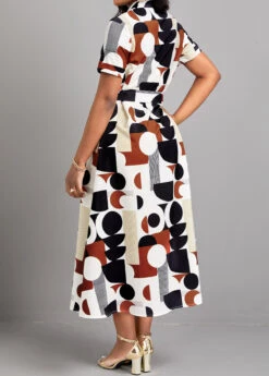 Multi Color Button Geometric Print Belted Dress -Modlily Shop 327299 P 16780643308641