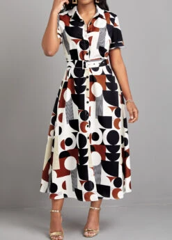Multi Color Button Geometric Print Belted Dress -Modlily Shop 327299 P 16780643313744