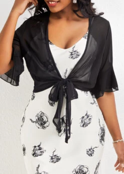 Black Ruffle Half Sleeve Tie Front Coat