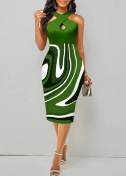 Green Criss Cross Geometric Print Bodycon Dress -Modlily Shop 327370 P 1677057078205