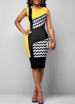 Yellow Geometric Print Sleeveless Round Neck Dress