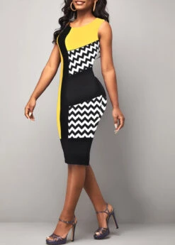 Yellow Geometric Print Sleeveless Round Neck Dress -Modlily Shop 327461 P 1677130955743