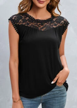 Black Patchwork Short Sleeve Round Neck T Shirt -Modlily Shop 327464 P 16798867042284