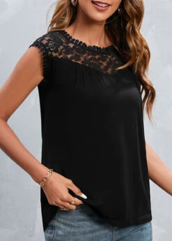 Black Patchwork Short Sleeve Round Neck T Shirt -Modlily Shop 327464 P 16798867044172