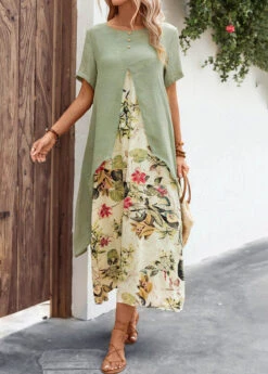 Sage Green Fake 2in1 Leaf Print Dress -Modlily Shop 327476 P 167928825001710
