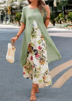 Sage Green Fake 2in1 Leaf Print Dress -Modlily Shop 327476 P 16792882500325