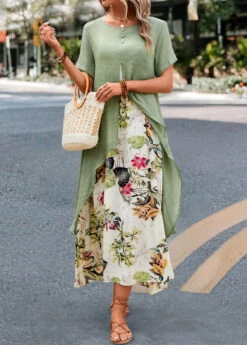 Sage Green Fake 2in1 Leaf Print Dress