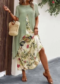 Sage Green Fake 2in1 Leaf Print Dress -Modlily Shop 327476 P 16792882501306