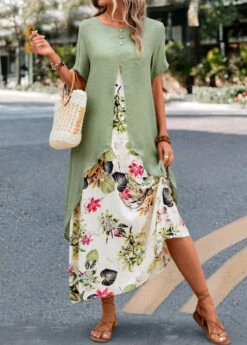 Sage Green Fake 2in1 Leaf Print Dress -Modlily Shop 327476 P 16792882504604