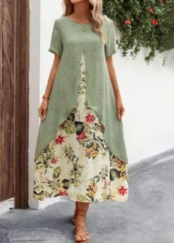 Sage Green Fake 2in1 Leaf Print Dress -Modlily Shop 327476 P 16792882506448